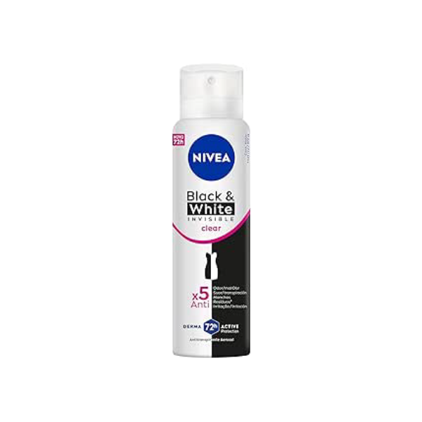 NIVEA Desodorante Antitranspirante Aerossol Invisible Black & White Clear 150ml - Proteção prolongada de 48h, cuidado suave, ação antibacteriana, fórmula 5 em 1: anti-manchas, anti-odor