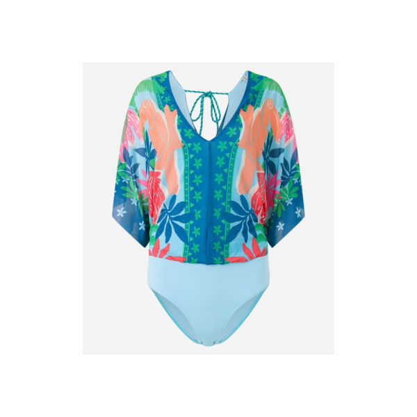 Body em Tule com Amarração nas Costas e Estampa de Folhagem Tropical Azul