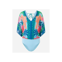 Body em Tule com Amarração nas Costas e Estampa de Folhagem Tropical Azul