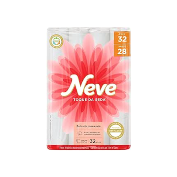 Neve Papel Higiênico Toque de Seda Folha Dupla, 30m, Leve 32 Pague 28 Rolos