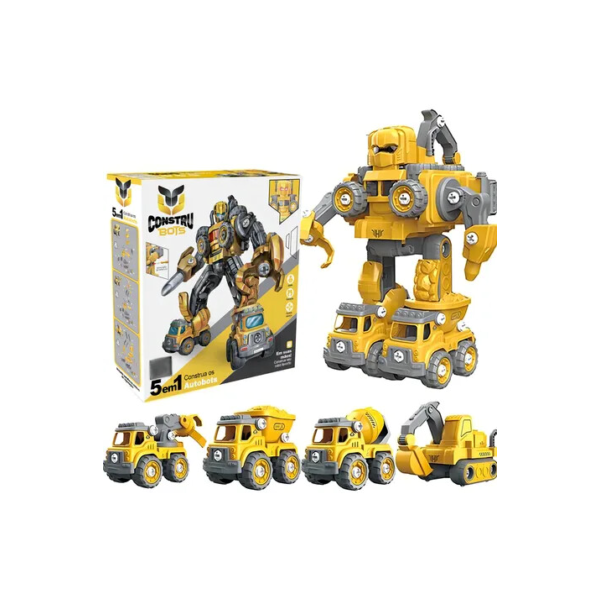 Robô Carrinho Brinquedo 5 em 1 Construbots Monta e Desmonta Educativo Infantil com Ferramentas Criativas – Robô Transformável Interativo Meninos e Meninas