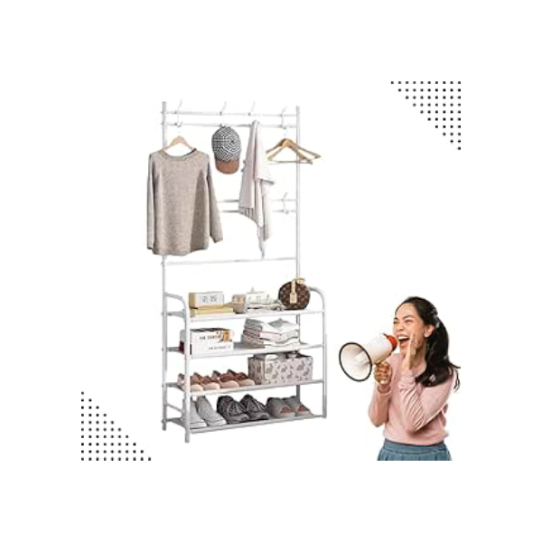 Sapateira Organizador com Cabideiro de Chão e 4 Prateleiras | Arara Multiuso Vertical para Roupas, Bolsas e Sapatos Branco)