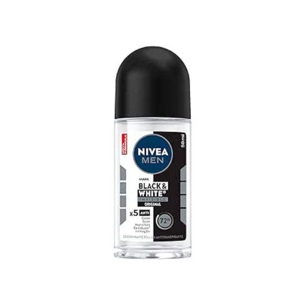 NIVEA MEN Desodorante Antitranspirante Roll On Invisible Black & White 50ml - Proteção prolongada de 48h, cuidado suave, ação antibacteriana, fórmula 5 em 1: anti-manchas, anti-odor