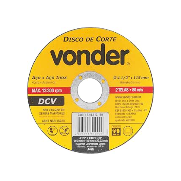Disco de corte 115,0x1,6x22,23 para aço carbono e inox - Vonder