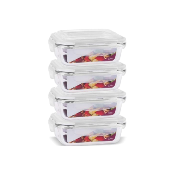 Kit 4 Potes de Vidro Retangular com Tampa Hermética e Vedação de Silicone - Armazenamento Seguro e Versátil de 370ml para Alimentos (Branco)