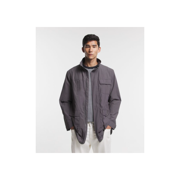 Parka Alongada em Tecido Tecnológico com Bolsos Utilitários Cinza