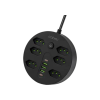 Extensão Tomada, Régua Tomada, Régua de Energia, 6 Tomadas, 3 Interfaces USB, 2 Porta USB Tipo-C, Cabo de Alimentação de 1,9 metros, Suporte a Tensão de 110-220V, Potência de 2500W, Preto