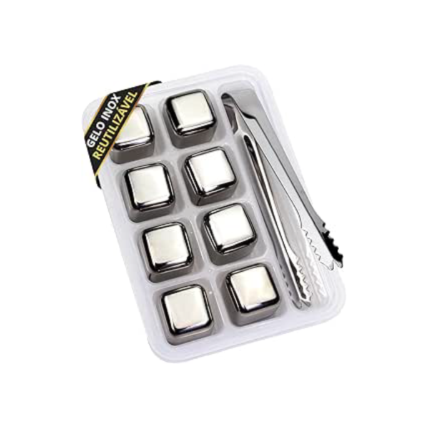 Gelo Artificial Reutilizável Cubos de Gelo Kit 8 Cubos em Aço Inox Com Bandeja Com Tampa e Pegador de Gelo Kit Whisky Bourbon Vinho Drinks Bebida Gelada Não Altera Sabor