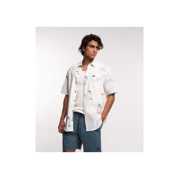 Camisa Manga Curta em Tricoline com Estampa Coqueiro Branco