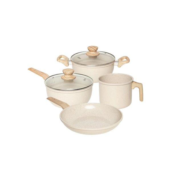 OSTER JOGO DE PANELAS E LEITEIRA MARBLE EDITION CREAM – 4 PEÇAS COM REVESTIMENTO CERÂMICO ANTIADERENTE, ALÇAS EM SILICONE ANTITÉRMICO E BASE COMPATÍVEL COM INDUÇÃO