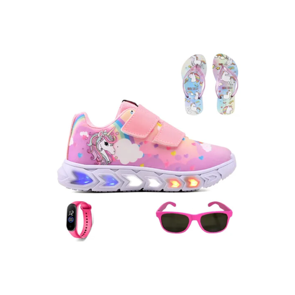 Kit Tenis Led Infantil Unicornio + Chinelo Oculos Relogio