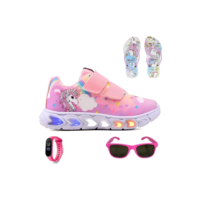 Kit Tenis Led Infantil Unicornio + Chinelo Oculos Relogio