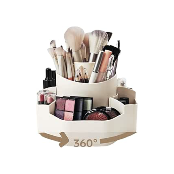 Organizador de Pincéis de Maquiagem Giratório com 13 Divisórias, Suporte Giratório de Cosméticos, Organizador de Banheiro – Cor Off White