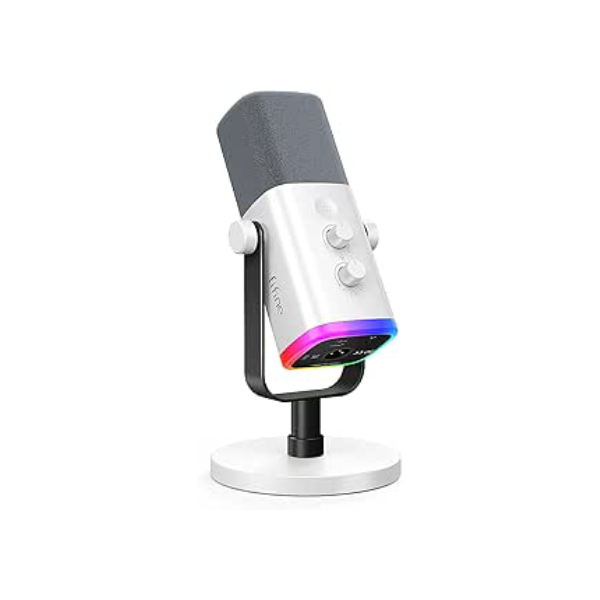 FIFINE Microfone para jogos XLR/USB para podcasting, microfone RGB para computador PC, com botão de ganho, botão de mudo, conector de monitoramento, microfone para jogadores para gravação- AM8 Branco