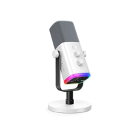 FIFINE Microfone para jogos XLR/USB para podcasting, microfone RGB para computador PC, com botão de ganho, botão de mudo, conector de monitoramento, microfone para jogadores para gravação- AM8 Branco