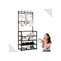 Sapateira Organizador com Cabideiro de Chão e 4 Prateleiras | Arara Multiuso Vertical para Roupas, Bolsas e Sapatos (Preto)