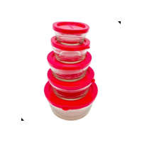Jogo Kit 5 Pote Tigelas De Vidro Com Tampa Redondo Cozinha Cor Red