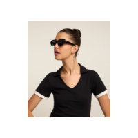 Blusa em Algodão com Gola Polo e Detalhe na Manga Preto