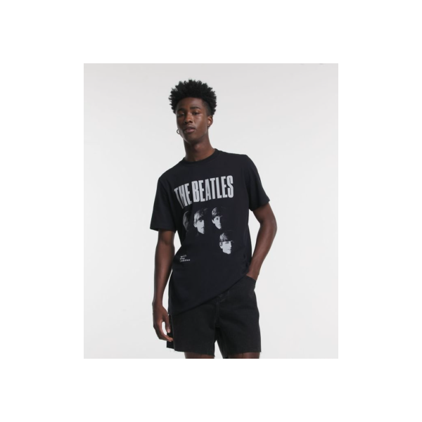 Camiseta Regular em Meia Malha com Estampa The Beatles Preto