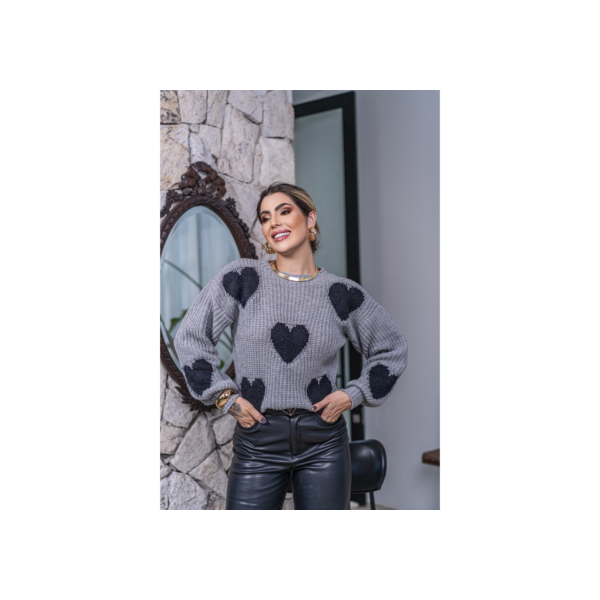 Blusa de Frio Feminina Oversize Tricô Inverno de Lã Ponto Crochê Coração de Pelinho Laffy Tricot