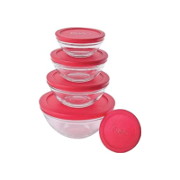 Euro - Conjunto de Potes de Vidro Redondos com Tampa Plástica, Vermelho, 5 Peças