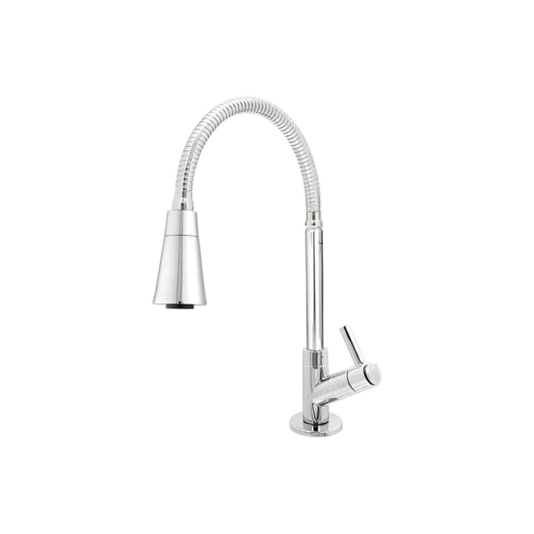 Torneira Cozinha Gourmet Pia Bancada Tubo Flexível Cone 2 Jatos Chuveirinho Arejador Cromado Acabamento Brilhante Cor Prateado