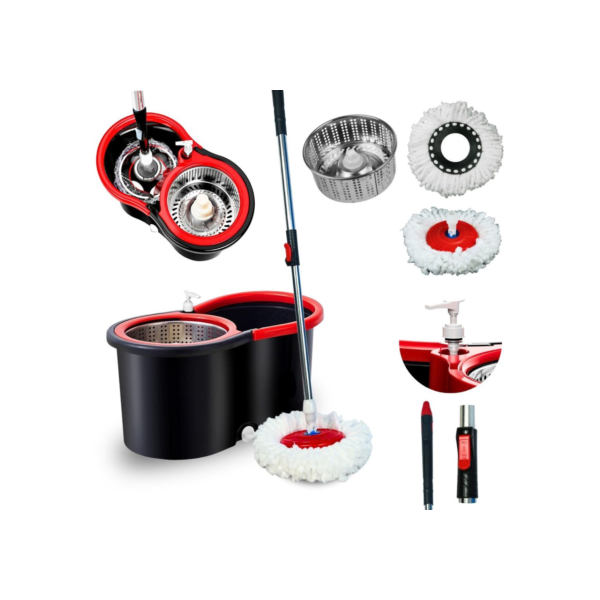 Mop Giratorio Com cabo de 140 cm Cesto Em Inox - Balde Centrífuga - C/2 Refil + Dispenser Para Sabão