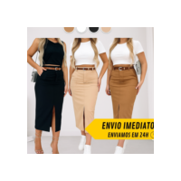 Saia Midi de Alfaiataria Com Cinto Moda feminina Elegante Tecido premium