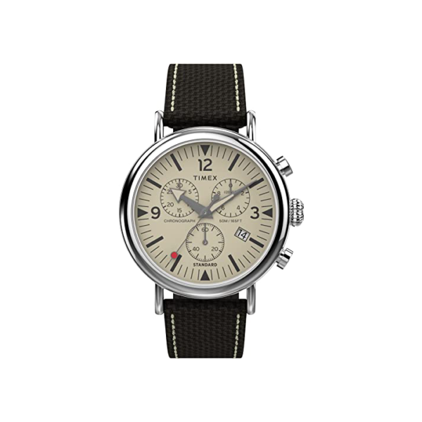 Timex Relógio masculino cronógrafo de 41 mm, marrom/creme/prateado, One Size, Relógio com pulseira combo de couro cromado padrão de 41 mm