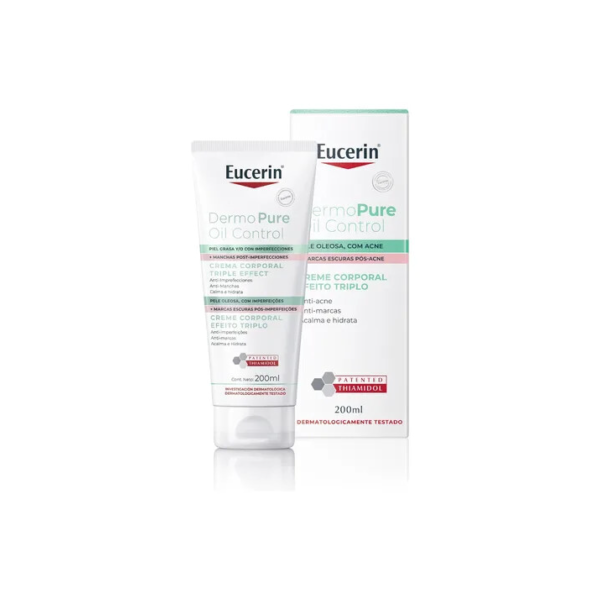 EUCERIN Creme Corporal Antiacne Dermo Pure Efeito Triplo 200ml, Antioleosidade, Antimanchas, Thiamidol, Peles Oleosas