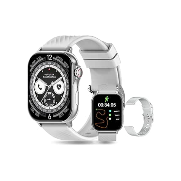 PEJE RelóGio Inteligente com Pulseira Extra - Tela AMOLED 2.13" Tela Full Touch, À Prova d'Água 1ATM, Faz Chamadas Bluetooth, 123+ Esportes, Bateria 5-7 Dias, iOS/Android (Prata)