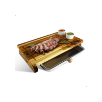 Tabua De Carne Para Churrasco De Madeira Com Bandeja + Porta Molhos