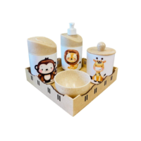Kit Higiene Bebê Safari c/ Bandeja Quadrada Crua em MDF