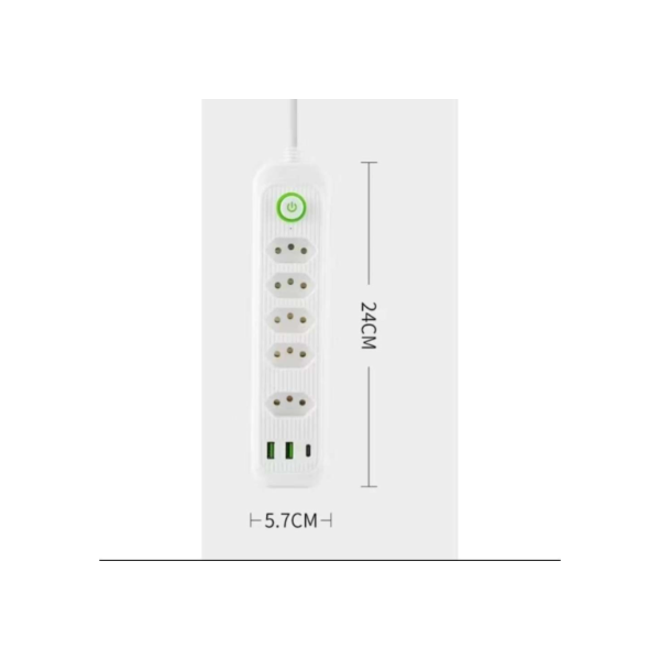 Extensão Filtro de Linha Régua 5 Tomadas 2 USB 1 Tipo-C Cabo 2m Bivolt com Botão ON/OFF