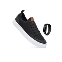 Tenis Sapatenis Cano Baixo Casual Calce Facil Cadarço Elástico Preto Confortável Leve + Relógio - Preto+Branco