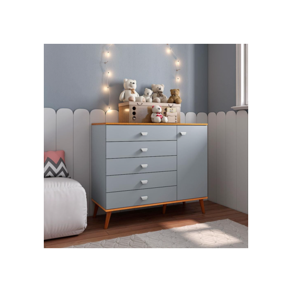 Cômoda Infantil Bartira Ternura com 5 Gavetas e 1 Porta - 106,8cm de largura - Azul Wood