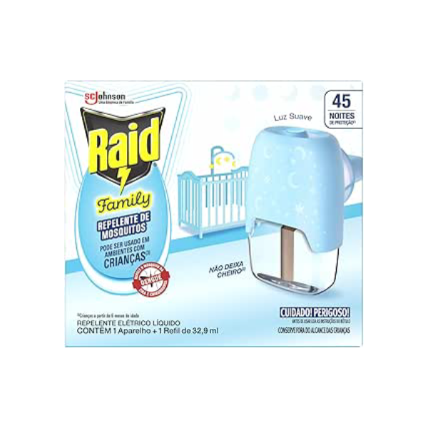 Raid Repelente Eletrico Líquido Family, Até 45 Noites de Proteção contra Mosquito, 1 Aparelho e 1 Refil de 32,9ml
