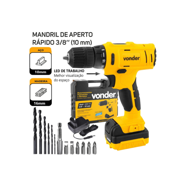 Parafusadeira Furadeira Profissional 12V PFV120 Bivolt + Broca Bits Maleta Vonder