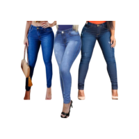 Kit 3 Calças Feminina Cintura Alta Lycra Jeans Com Lycra Elastano Cós Alto Até o Umbigo Modelagem Levanta Bumbum