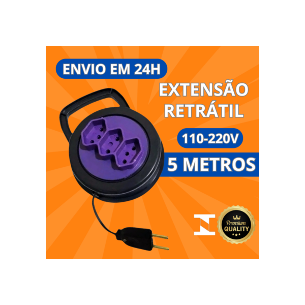Extensão Elétrica Retrátil 5 Metros 3 Tomadas 10a Tripolar Bivolt