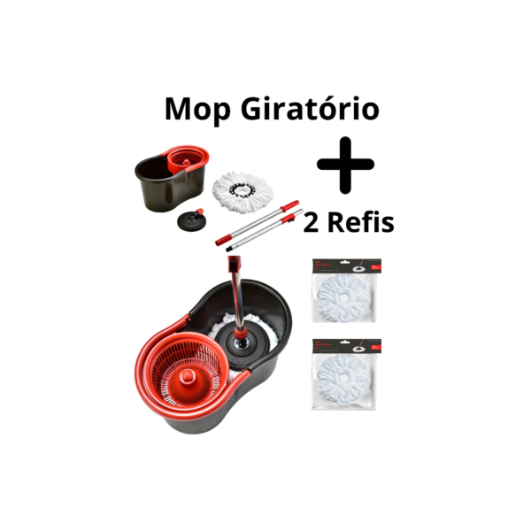Mop desaguador automático Giratório Plástico 360°Cabo aço Inox Cesto aço Inox com balde com 2 Refil