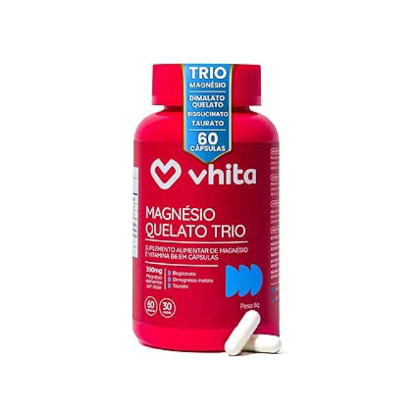 Magnésio Quelato Trio, Dimalato, Bisglicinato e Taurato com Vitamina B6 350mg Vhita 60 Cápsulas
