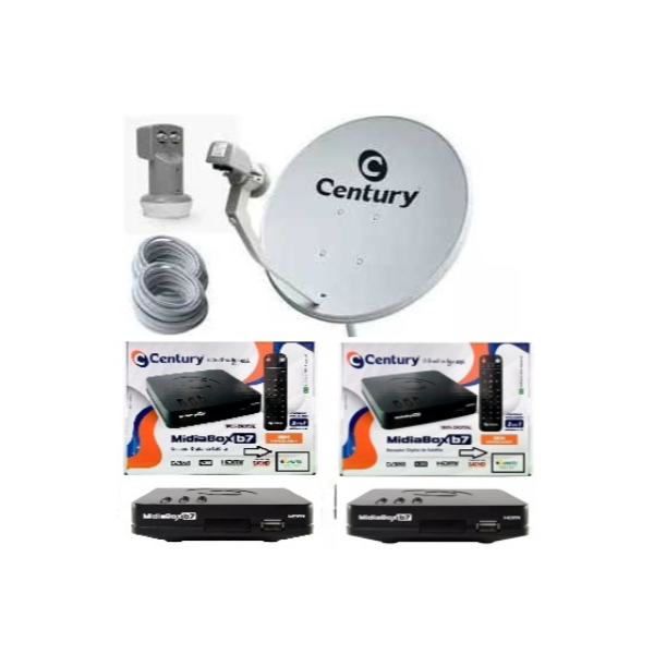 KIT 2 RECEPTORES MIDIABOX CENTURY B7 + ANTENA+ LNBF DUPLO + 2 CABOS +4 CONECTORES