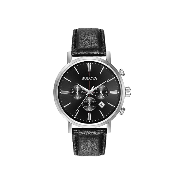Bulova Relógio masculino clássico Aerojet de aço inoxidável com 6 ponteiros com pulseira de couro preto, 41 mm Estilo: 96B262, Preto, Cronógrafo clássico Aerojet pulseira de aço inoxidável prateado