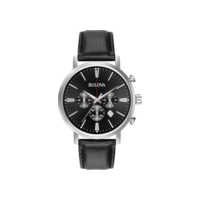 Bulova Relógio masculino clássico Aerojet de aço inoxidável com 6 ponteiros com pulseira de couro preto, 41 mm Estilo: 96B262, Preto, Cronógrafo clássico Aerojet pulseira de aço inoxidável prateado
