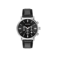 Bulova Relógio masculino clássico Aerojet de aço inoxidável com 6 ponteiros com pulseira de couro preto, 41 mm Estilo: 96B262, Preto, Cronógrafo clássico Aerojet pulseira de aço inoxidável prateado