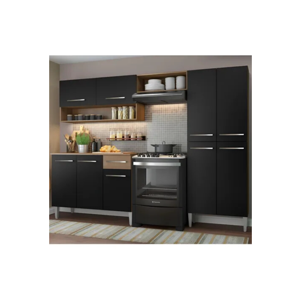 Armário de cozinha modulada completa compacta Emilly pop com armário e balcão cor rustic/preto GREM229002