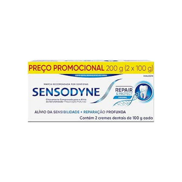 Sensodyne Creme Dental Repair e Protect com Flúor, Reparação Profunda, Alívio da Sensibilidade, 2 unidades, 100g cada