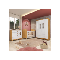 Quarto de Bebê com Guarda-Roupas 4 Portas Janeladas Cômoda e Berço 100% MDF Lana Espresso Móveis Branco