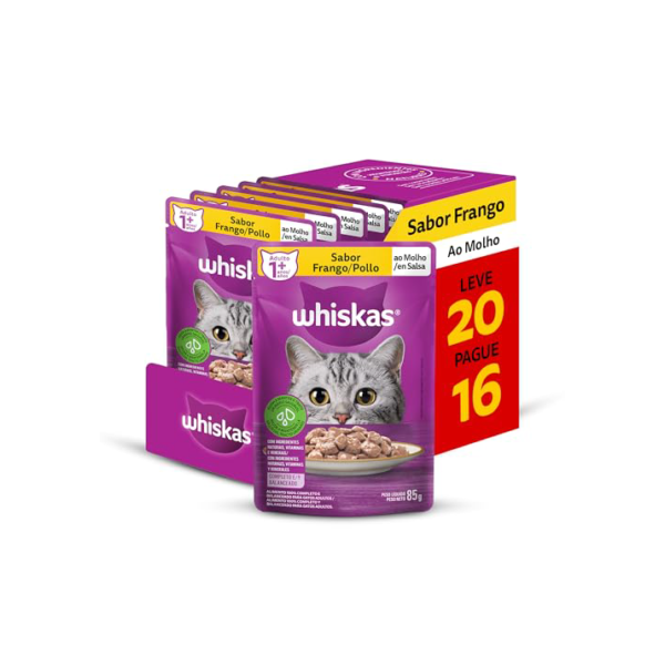 Pack Ração Úmida Whiskas Sachê Frango ao Molho para Gatos Adultos - Leve 20 Pague 16